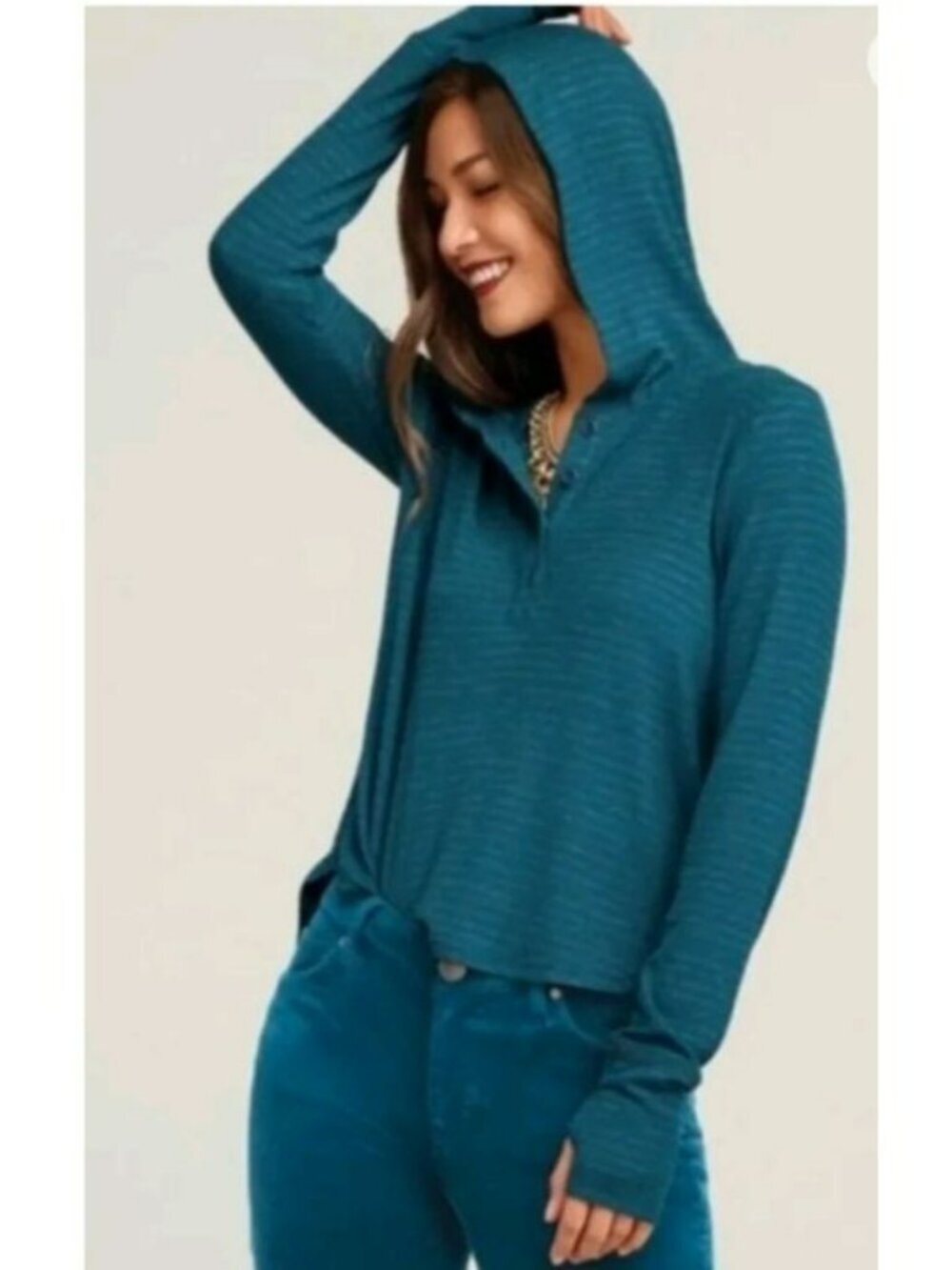 Cabi Blue & Gray Striped Hooded Long Sleeve Top Thumbholes Womens Size Small